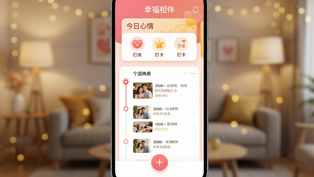 ��������Ϊ�����ֻ���Ļ��д����Ļ��չʾ���Ҹ���顱APP�����棬��������ܰ��ɫ��ů��ɫΪ��ɫ����������ʾ���������顱�򿨿�Ƭ���м���ʱ������ʽ��ͼ�Ķ�̬�б����ײ���Բ�μӺŰ�ť�����ֲ��þ��жԳƹ�ͼ������Ϊģ���Ŀ����ƹ��ߡ����Ϊдʵ��Ʒ��Ⱦͼ��ϸ������չ�ֽ���ͼ�������֡��Ҹ���顱�����廭�ʸɾ����޶���Ԫ�ء�