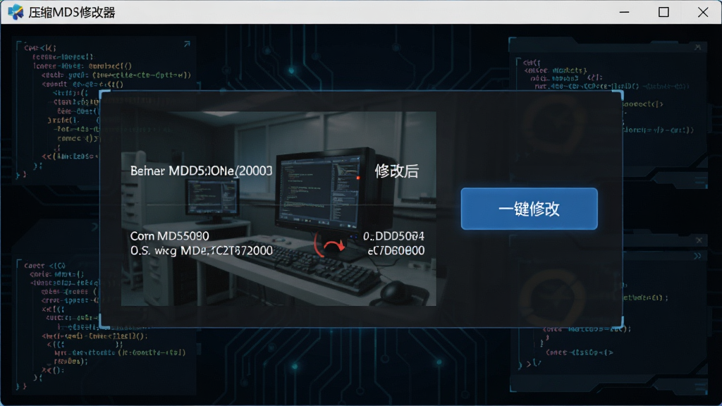 һ��չʾͼƬѹ��MD5�޸���MD5�޸Ĺ��ܵĽ����ͼ������������ʾһ��ͼƬ��ԭʼMD5ֵ���޸ĺ����MD5ֵ���Ա��С�һ���޸ġ���ť������Ϊ��ɫ�Ƽ���񣬴���Ԫ�ص�׺��ͻ������רҵ�У�����ɾ����������ʸ���
