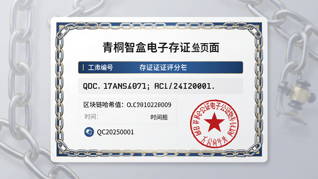 ���壺��ͩ�Ǻе��Ӵ�֤���ҳ�棬չʾ��֤֤����ʽ������������ϣֵ��ʱ�������֤������ǩ�¡����֣�֤�������ʾ������Ϊ��ͻ�ɫ��������װ��������ͼ�Ρ��Ű棺��Ϣ���������У���ϣֵ�õȿ����壬ǩ����Ŀ��������෨�ɷ����ɫ���ɫ��ɫ��ϸ�ڣ�֤���š�QC20250001�������ɱ档���ʣ�������Ⱦ���޶���Ԫ�ء�