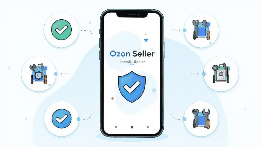 Ozon Seller �ֻ���װ�̳�ʾ��ͼ������Ϊһ���ֻ���Χ��������ͼ���빤��ͼ�꣬��Ļ��ʾ��Ozon Seller����װ���ҳ�棬���־��У��Ű��г��������µĲ廭�磬ϸ���жԹ�����ư�ȫ��ʶ�����ʸ���ɾ����޶���Ԫ��