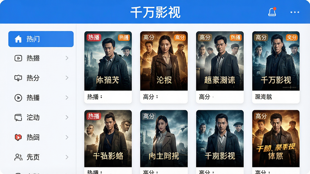 ���壺ǧ��Ӱ�ӵ���Դ����棬��Ļ��չʾ�����Ƶ���������ӰƬ���棬����д�š�ǧ��Ӱ�ӡ������֣��������ҷ�����ƣ��������б����Ҳ����������Ű棺������Ƭ�������У�ÿ����Ƭ�·���Ƭ��������ִ�Ӱ��Ӧ��UI��񣬽���������ϸ�ڣ��������������ֱ�ǩ���Ȳ������߷֡��ȣ�����ɫ������ɫΪ�������ʣ�����ɾ����޶���Ԫ��