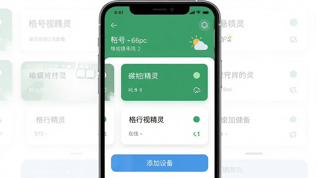 һ�Ž����ͼ����ͼƬ��չʾ�����Ӿ���app���豸�б�ҳ�棬ҳ���Ϸ���ʾ�˺���Ϣ���������м��Ƕ������豸�Ŀ�Ƭ��ÿ����Ƭ���豸���ƺ�����״̬ͼ�꣬�·��������豸����ɫ��ť������UI��Ƽ���ִ����̰���ɫ���ֻ�״̬�����������ʸɾ����޶���Ԫ��