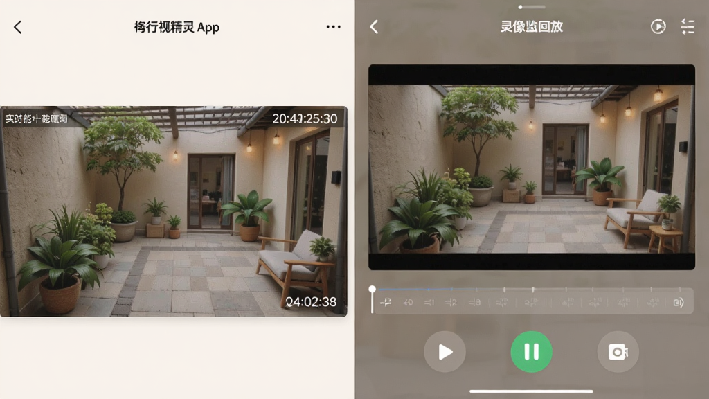 һ�ŷ����Ա�ͼ������Ǹ����Ӿ���app��ʵʱ��ػ��棬��ʾͥԺ������������ʱ��ˮӡ���Ҳ���¼��طŵ�ʱ����������棬�·��в��š���ͣ����ͼ��ť������ɫ����ͣ�UI���ֺ�����ͻ����������Ƶ����������ϸ��ɾ�