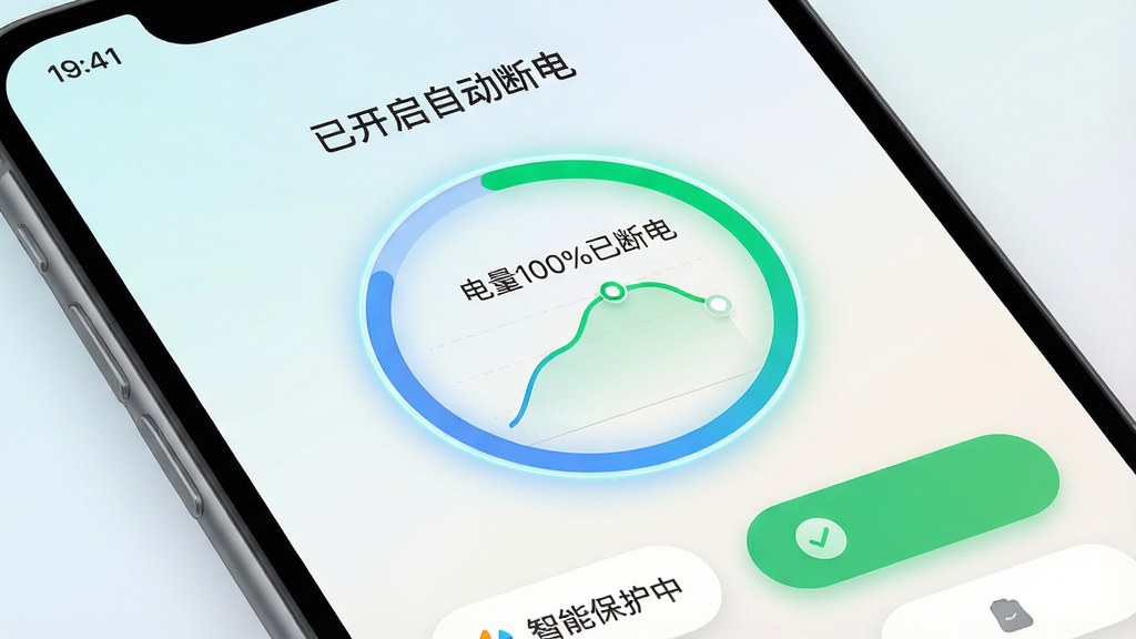 ���壺��籣App���н�����д����ʾ���ѿ����Զ��ϵ硱״̬���������ͼ�����֣�����Ԫ���������У�����״̬�����в����ε���ͼ���ײ����ܰ�ť���Ű棺UI��Ƹɾ������ֱ�ǩΪ�����ܱ����С���������100%�Ѷϵ硱����񣺱�ƽ�����΢���ǳɫ���䱳����ϸ�ڣ����������з�����ߣ��ϵ簴ť����ɫ�Թ������ʣ��߷ֱ��ʣ������޷�����ţ��ɾ��޶���Ԫ�ء�