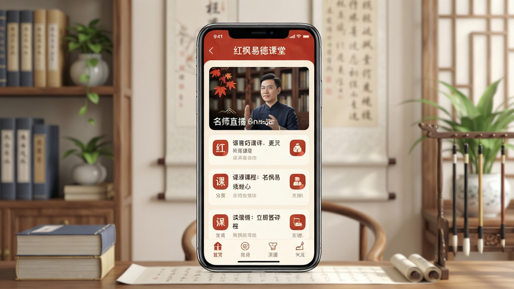 ���壺����׵¿���APP����չʾ���ֻ���Ļ����ʾ�γ��б�����ʦֱ�����棬�����ǵ��ŵ���ʽ�鷿������ϰڷŹż�����ֲ�����֣��ֻ����У���Ļ���������ɱ棬�������ס��Ű棺����ͼ���������У������С�����׵¿��á�����������ִ��Ƽ���ŵ��ںϣ�ɫ���Ժ��ɫ���װ�Ϊ����ϸ�ڣ�����ɾ�ͨ͸��������ͣ�ͻ��ѧϰ��Χ�����ʣ���������Ⱦ���޶���Ԫ�ء�
