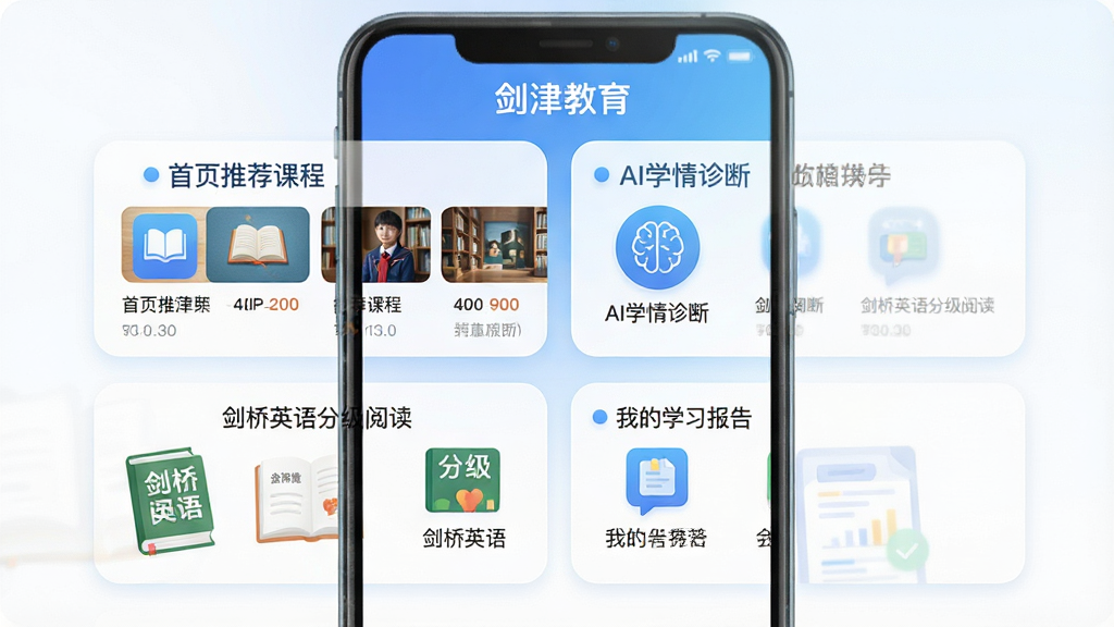 һ��չʾ�������APP������ĸ����ͼ�������Ϊ����ҳ�Ƽ��γ̡�����AIѧ����ϡ���������Ӣ��ּ��Ķ��������ҵ�ѧϰ���桱�ĸ����ܿ�Ƭ������������׽�����ɫ����Բ�ǿ�Ƭ��ƣ�ͼ���ƽ�����ֻ��������й�ͼ������ɾ�������ͻ�������������APP���ƣ�����ϸ�壬�޶���Ԫ��