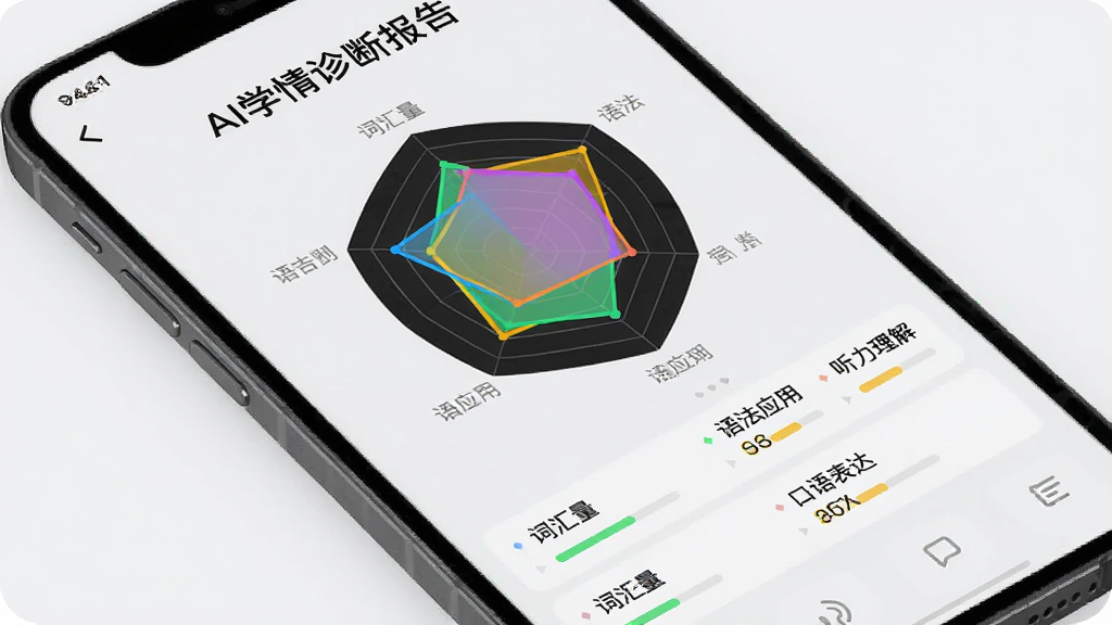 չʾ�������APP��AIѧ����ϱ��桱���棬��Ļ�����ǲ�ɫ�����״�ͼ���·��г����ʻ����������﷨Ӧ�á������������⡱�����������ĸ�ά�ȵ÷֣�����Ϊǳ��ɫ���ֻ�����ģ��ͼ�����ø���45�Ƚǣ�ͻ�����ݿ��ӻ���רҵ�У�����ɾ����޶���Ԫ��