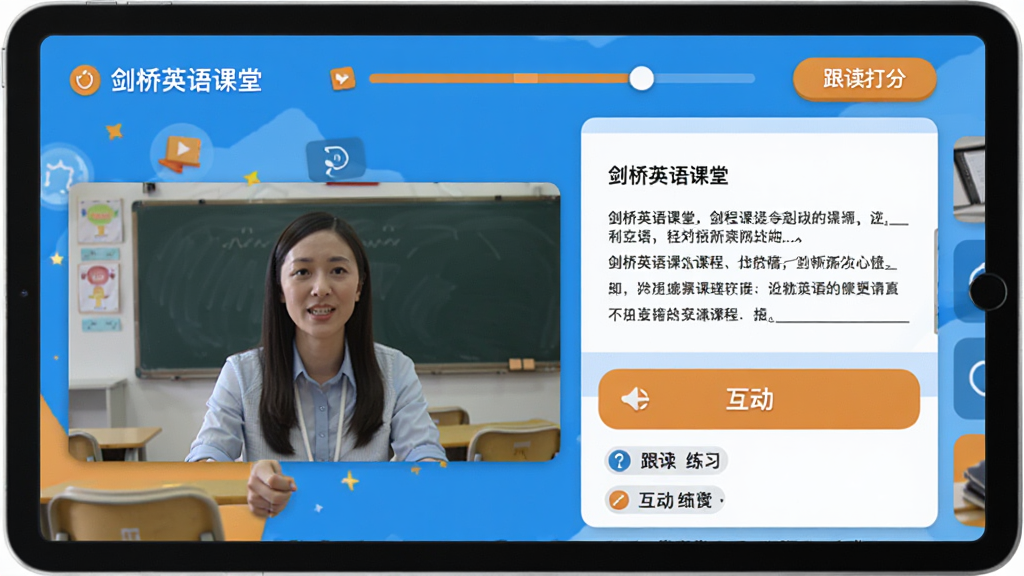 �������APP�ڡ�����Ӣ����á����棬���Ϊ�����Ƶ���ڣ��Ҳ���ʾ�γ̽���ͻ�����ϰ�⣬�����пγ̽������͡�������֡���ť������ɫ�ʻ��ã�����ɫ�ͳ�ɫΪ����ģ��ƽ�����ѧϰ�����������������޶���Ԫ��