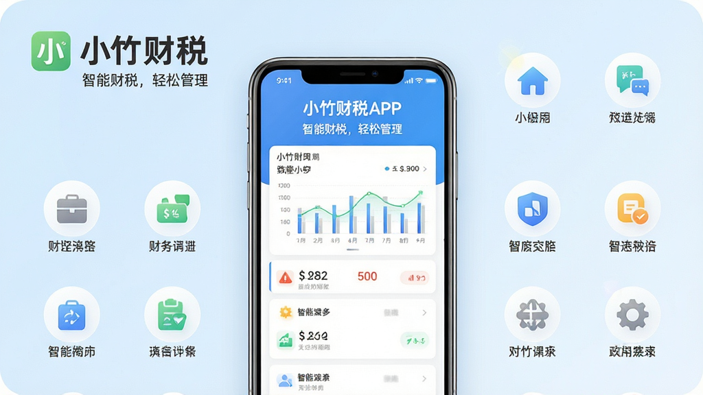 ���壺С���˰APP����չʾ���ֻ���Ļ��ʾ�����Ĳ�������ͼ���빦�ܲ˵�������Ϊǳ��ɫ���䣬���С�С���˰��Ʒ�Ʊ�ʶ�͡����ܲ�˰�����ɹ��������֡����֣��ֻ����У��������ף�����ͼ�껷�����С��Ű棺�������ͻ�����Ĺ������顣����ִ�����磬ɫ������������ϸ�ڷḻ�����ʣ�������Ⱦ���ɾ��޶���Ԫ�ء�