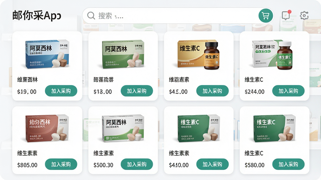 ���壺�����App�ڵ���Ʒ���н��棬��������ҩ�����ܡ����֣��Ϸ����������·�Ϊ����״��Ʒ��Ƭ��ÿ����Ƭ��ʾҩƷ��ͼƬ���۸��롰����ɹ�����ť���Ű棺��Ƭ�������У�����Ϊ�ɾ���ǳ��ɫ�����дʵ��UI��ϣ�ɫ��������ͣ�ͻ��ҽҩרҵ�С�ϸ�ڣ�ҩƷ��װ����д�С���Ī���֡�����ά����C�����������۸��ǩ���������ʣ����壬ϸ�ڷḻ���޶���Ԫ�ء�