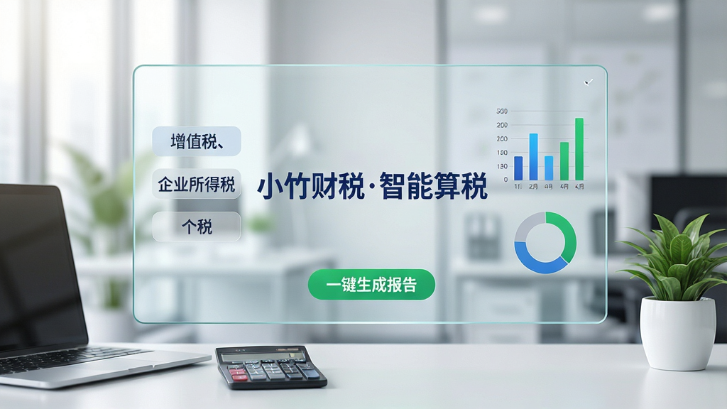画面主体为一块透明玻璃质感的全息操作面板悬浮于办公桌上方,面板中央用深蓝色字体显示“小竹财税智能算税”,左侧列出“增值税、企业所得税、个税”三个标签,右侧显示条形统计图与环形占比图,面板底部有“一键生成报告”绿色按钮。桌面摆放笔记本电脑、计算器和一盆绿植,背景为模糊的现代办公室环境,光线明亮柔和,整体风格科技感十足,细节清晰,画质干净,无多余元素。