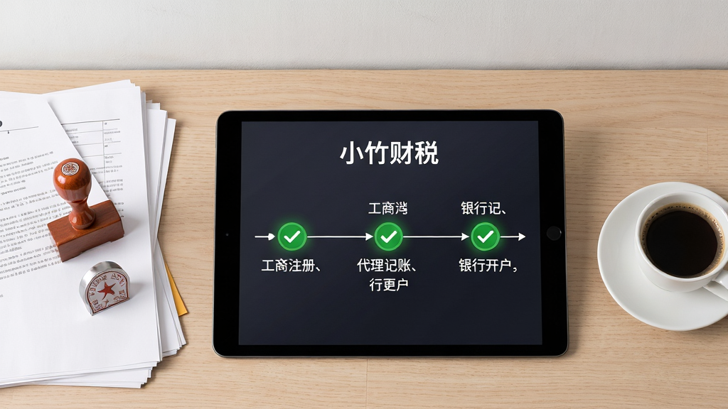 画面主体为一张现代办公桌俯视图,桌面中央摆放一台平板电脑,屏幕中显示“小竹财税”服务流程时间轴,备注“工商注册、代理记账、银行开户”三个节点被绿色对勾点亮,左侧有一叠文件与一枚公章,右侧有一杯咖啡。背景为浅木色桌面配白色墙面,整体风格清爽商务,细节包括纸张纹理、印章反光等,画质高清,无多余元素。