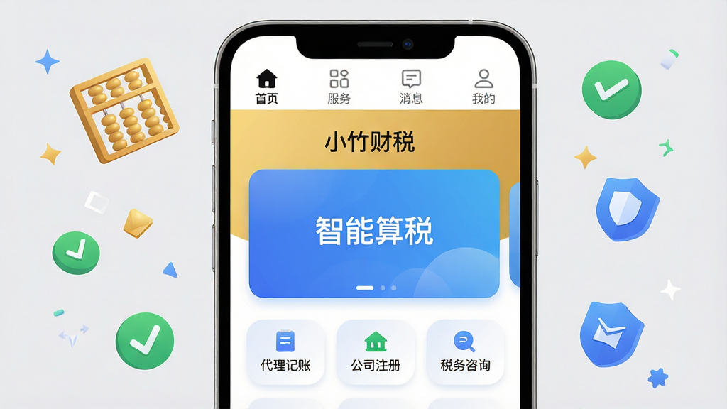 画面主体为一部智能手机屏幕占据黄金分割位,屏幕内清晰显示“小竹财税”App主页,上方导航栏有“首页、服务、消息、我的”四个图标,中间为蓝色渐变卡片标注“智能算税”,下方排列“代理记账”“公司注册”“税务咨询”三个圆角功能按钮。整体布局采用扁平化设计,背景为浅灰色,手机周围漂浮着金色算盘、绿色对勾、蓝色盾牌等小图标,风格现代简约,细节丰富,画质高清干净,无多余文字,突出“小竹财税”品牌名称。