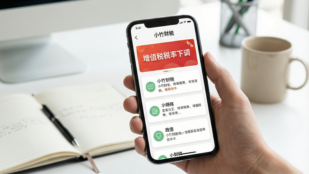 画面主体为一部手机被一只手握住,屏幕中显示“小竹财税”政策推送通知列表,顶部横幅标红“增值税税率下调”并带有“NEW”角标,下方排列三条摘要卡片,分别配有小图标。手部背景为浅色办公环境,桌面有打开的笔记本和马克杯,风格自然明亮,细节包括屏幕反光与手势自然,画质干净,无多余元素。