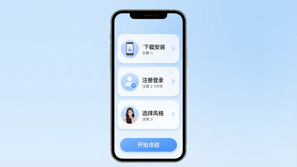 ����ʱ������������ҳ�棬����Ϊ�ֻ���Ļչʾ�������裬����1Ϊ�����ذ�װ��������2Ϊ��ע���¼��������3Ϊ��ѡ���񡱣���Ļ�ײ��С���ʼ���顱��ť������Ϊǳ��ɫ���䣬����Ϊ���濨Ƭʽ�������ֱ�ۣ�ϸ�ڰ���ͼ��Բ�󣬻��ʸ��壬�ɾ��޶���Ԫ��