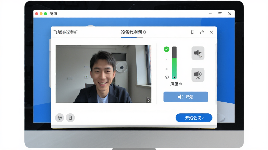 ����������������ý��棬����Ϊ������Ļ�ϵ��豸��ⴰ�ڣ��������Ϊ����ͷԤ�����棬�Ҳ�Ϊ��˷������������������԰�ť���Ű������ˣ������ˬ���߷磬ϸ�ڰ�����ɫ����״ָ̬ʾ����ɫδ���ͼ�ꡢ�ײ���ʼ���鰴ť�����ʸ��壬�ɾ����޶���Ԫ��