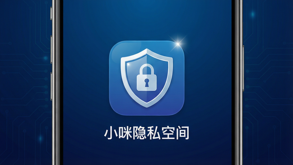 一张展示小咪隐私空间软件界面的概念图,主体是一部智能手机,屏幕中央显示一个带有盾牌和锁形图案的隐私空间图标,图标下方有“小咪隐私空间”字样,背景为深蓝色科技感渐变,布局采用居中对称式排版,风格为扁平化UI设计,细节包括手机边框的金属质感、图标上的高光反射、背景中微弱的电路纹理,画质高清,画面干净,无多余元素