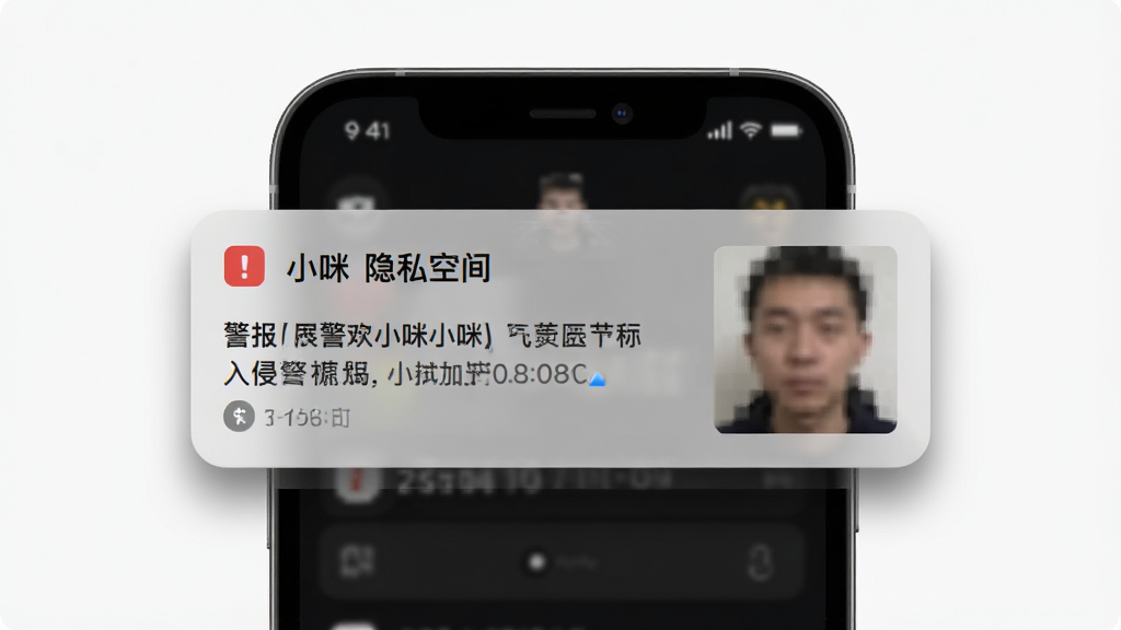 一张展示小咪隐私空间入侵警报功能的示意图,主体是一个手机屏幕,屏幕上显示一条警报通知,通知旁边有一张模糊的人脸抓拍缩略图,布局为通知卡片式排版,风格为现代UI设计,细节包括通知卡片的圆角阴影、抓拍缩略图的像素化处理、屏幕背景的深色模式,画质高清,画面干净,无多余元素