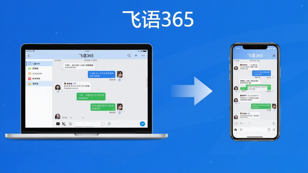 一张飞语365多端同步功能的示意图,画面左侧是一台笔记本电脑,右侧是一部智能手机,两者之间用同步箭头连接,屏幕上都显示相同的聊天对话界面,顶部有“飞语365”字样,风格简洁科技感,蓝色渐变背景,布局对称,高清画质,干净无多余元素