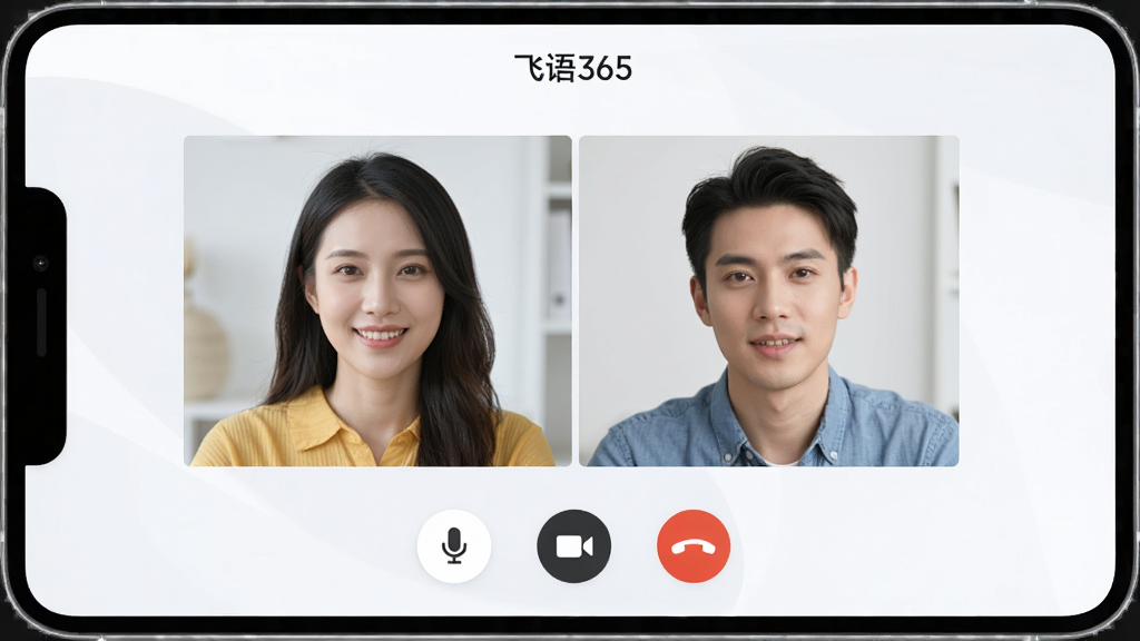一张飞语365语音视频通话界面的预览图,画面中央是视频通话窗口,显示两个人像画面,底部有一排通话控制按钮,包括麦克风、摄像头、挂断等图标,顶部标注“飞语365”,整体风格清爽,浅色背景,布局规整,高清画质,干净无多余元素