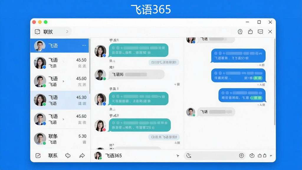 一张展示飞语365即时通讯软件主界面的预览图,画面中央是软件聊天窗口,左侧为联系人列表,右侧为对话气泡区域,顶部显示软件名称“飞语365”,整体布局清晰,风格简洁现代,蓝色与白色为主色调,界面干净无多余元素,高清画质,适合软件下载站展示