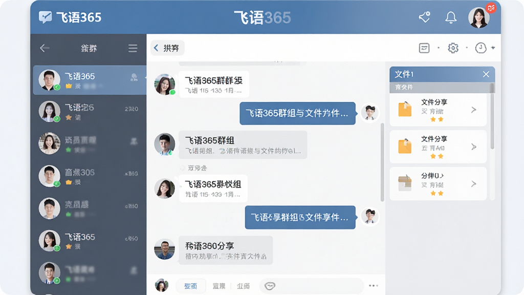 一张飞语365群组聊天与文件共享功能的示意图,画面展示一个群聊窗口,左侧是群成员头像列表,右侧是聊天区域和文件分享卡片,顶部有“飞语365”标识,风格简洁商务,蓝灰色调,布局清晰,高清画质,干净无多余元素
