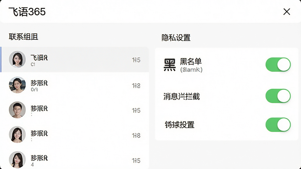 一张飞语365联系人管理与隐私设置界面的预览图,画面展示联系人分组列表和隐私设置选项,包括黑名单、消息拦截等开关按钮,顶部有“飞语365”字样,整体风格简约,白色背景,布局整齐,高清画质,干净无多余元素