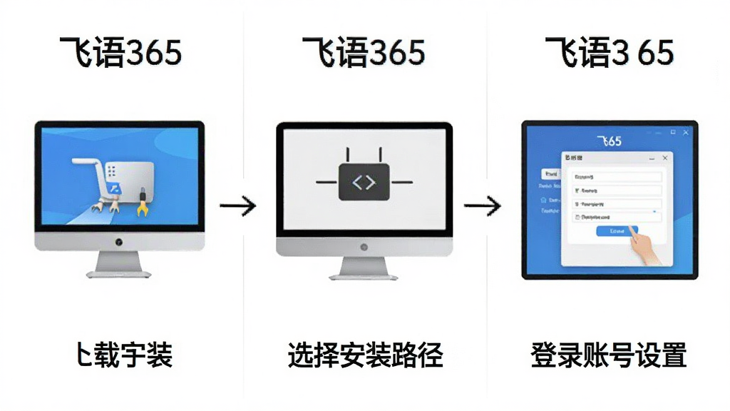 一张飞语365安装与设置步骤的示意图,画面分为三个步骤区域,分别展示下载安装包、选择安装路径、登录账号设置界面,每个步骤有简单图标和文字标注“飞语365”,整体风格简洁教程风,白色背景,布局清晰,高清画质,干净无多余元素