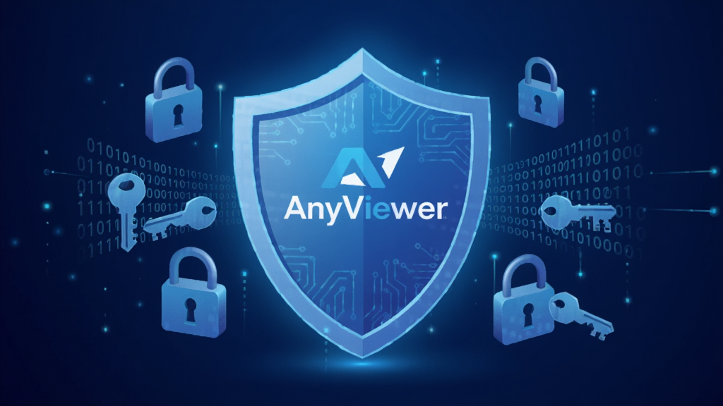 一张展示AnyViewer安全加密机制的示意图,画面中央是一个发光的盾牌图标,盾牌上印有AnyViewer标志,盾牌周围环绕着锁头、密钥、数据流等安全元素,背景为深蓝色科技感渐变,布局为居中构图,风格为安全科技插画风格,细节包括盾牌表面的加密纹路、数据流中的二进制代码,画质清晰,干净,无多余元素