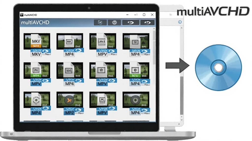 AI ��ͼ������������һ̨�򿪵ıʼǱ����ԣ���Ļ����ʾ multiAVCHD �������棬�����������Ŷ����Ƶ�ļ�����ͼ���м�ͷָ��һ���������ͼ�꣬���ּ�����ˣ����Ϊ��ƽ���Ƽ��磬ϸ�ڰ����ļ���ʽ��ǩ��MKV����MP4���������־�����������ɾ����޶���Ԫ�أ������д��С�multiAVCHD������