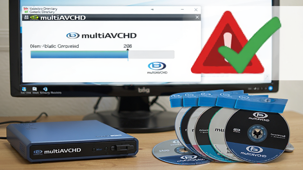 AI ��ͼ��������һ̨���������ϰڷ��������¼���Ͷ���������̣���Ļ����ʾ multiAVCHD ����������������Ŀ¼�Ľ��������Ա��к�ɫ��ʾ��־����ɫ�Թ�ͼ�꣬�������ҶԱȣ����Ϊдʵ�̷̳磬ϸ�ڰ�����multiAVCHD�����ֺ������־�����������ɾ����޶���Ԫ��