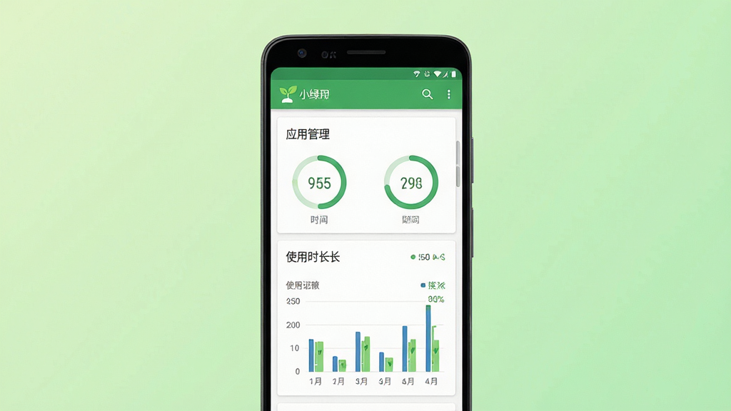 小绿芽孩子端手机界面展示,主体是一部安卓手机屏幕呈现应用管理列表与使用时长统计图表,布局为手机正面居中放置,背景为浅绿色渐变柔和色调,排版简洁清晰,风格为现代扁平化UI设计,细节包括绿色小芽图标、圆形进度条、时间数字清晰可见,画质高清、干净、无多余元素