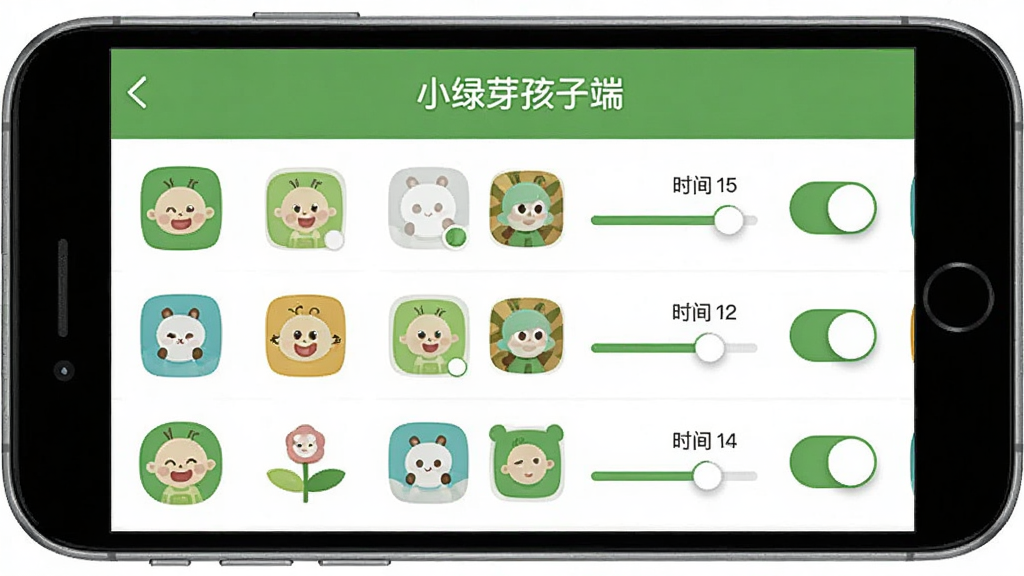 小绿芽孩子端应用管理功能界面,主体为手机屏幕显示应用图标网格与开关按钮,布局为上下结构上方标题下方应用列表,排版整齐有序,风格为清新绿色调扁平设计,细节包含每个应用右侧的时间设置滑块与禁用开关,画质高清、干净、无多余元素,画面中带文字