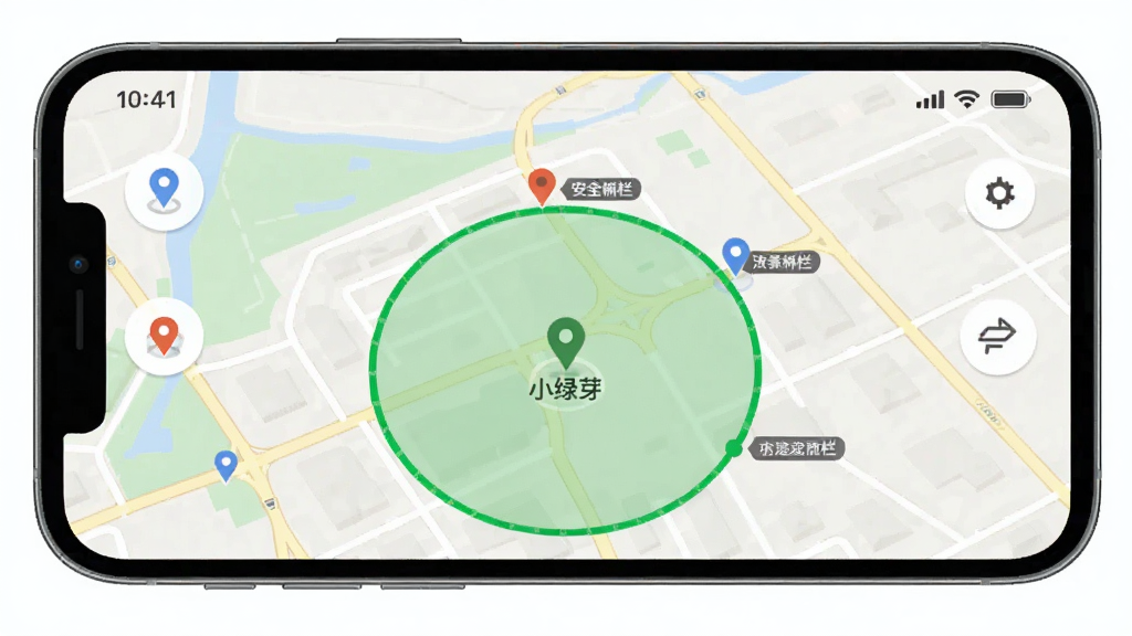 小绿芽孩子端定位与安全围栏界面,主体为手机屏幕显示地图与绿色圆形围栏区域,布局为全屏地图上方状态栏,排版简洁,风格为现代地图导航设计,细节包含定位图标、围栏边界线、位置标签文字,画质高清、干净、无多余元素