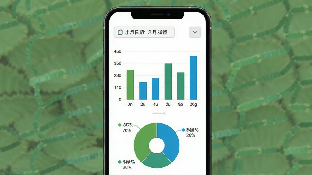 小绿芽孩子端使用时长统计页面,主体为手机屏幕展示柱状图与饼状图,布局为上方日期选择下方图表区域,排版清晰,风格为简约数据可视化设计,细节包含绿色与蓝色图表色块、时间刻度、百分比数字,画质高清、干净、无多余元素