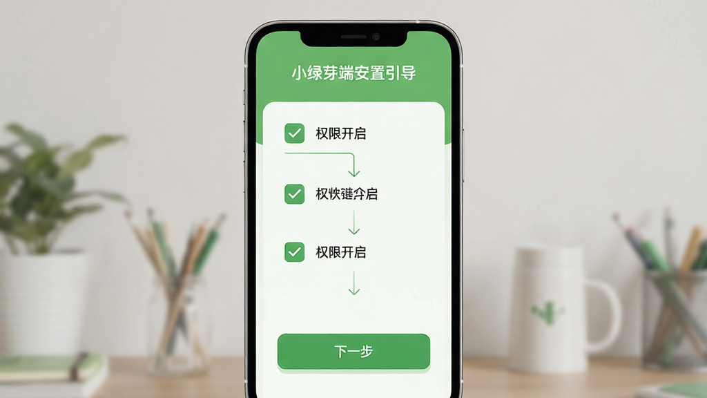 小绿芽孩子端安装设置引导页面,主体为手机屏幕展示权限开启步骤列表,布局为纵向步骤排列,排版清晰,风格为清新绿色扁平化设计,细节包含勾选图标、权限名称文字、下一步按钮,画质高清、干净、无多余元素