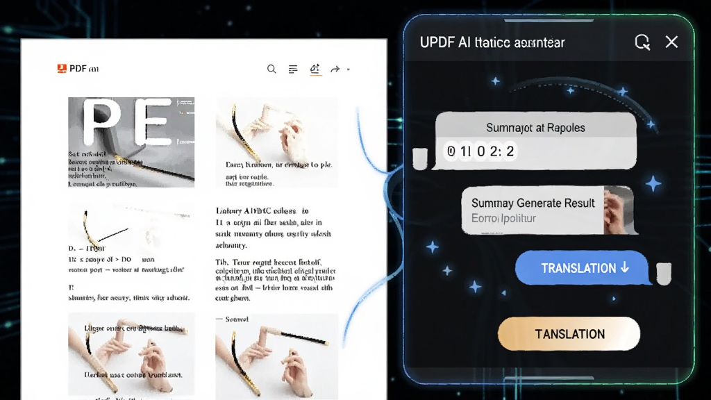 һ��չʾ UPDF AI ���ֹ��ܵ�ͼƬ�������Ҳ�Ϊ����ʽAI������壬���ΪPDF�ĵ����ݣ��������ʾժҪ���ɽ���뷭�밴ť�����Ϊδ���Ƽ��У�ϸ�ڰ�������߿�ͼ��ĶԻ����ݣ����ʸ��壬�ɾ����޶���Ԫ��