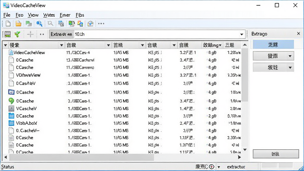 VideoCacheView 软件主界面全貌,主体为 Windows 风格窗口,布局包含顶部菜单栏、中部文件列表区域和底部状态栏,排版清晰整齐,风格简洁实用,细节展示缓存文件列表和提取按钮,画质清晰,干净,无多余元素