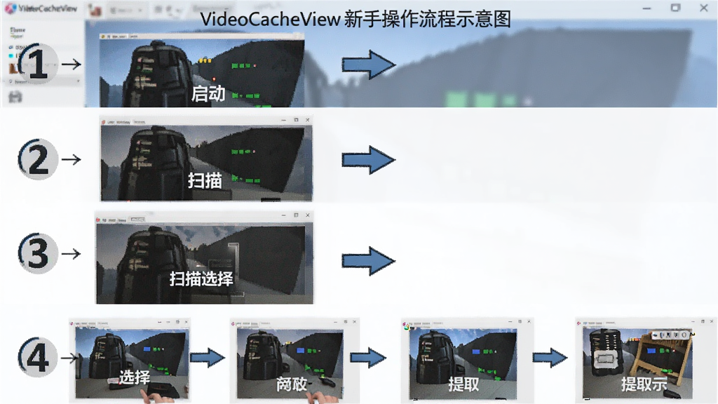 VideoCacheView 新手操作流程示意图,主体为软件界面分步截图,布局从上到下依次展示启动、扫描、选择、提取四个步骤,排版条理清晰,风格教程化,细节包含步骤编号和箭头指引,画质清晰,干净,无多余元素