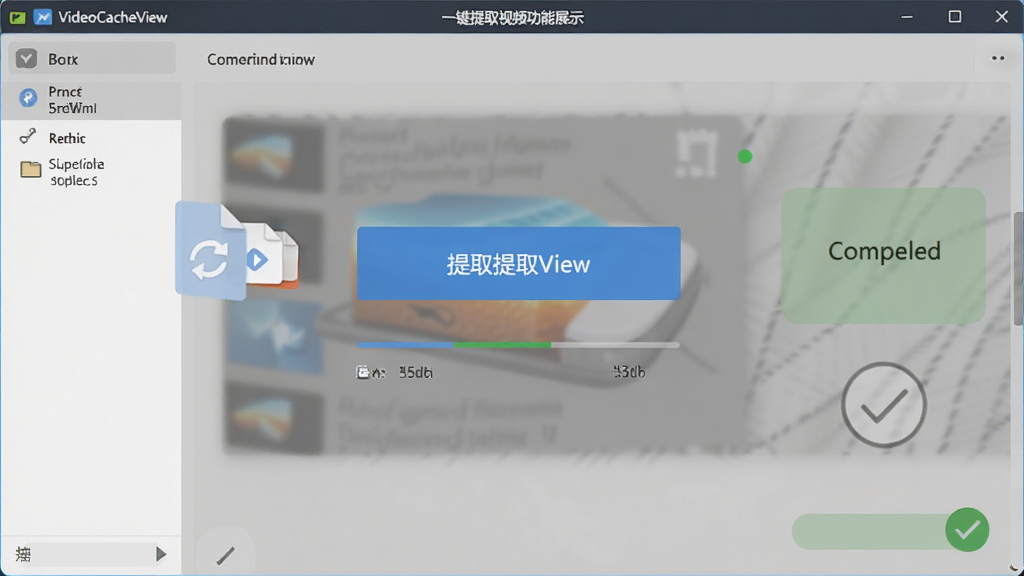 VideoCacheView 一键提取视频功能展示,主体为软件操作界面,布局中央为提取按钮和进度提示,排版直观,风格扁平化,细节展示文件复制动画和完成提示,画质清晰,干净,无多余元素