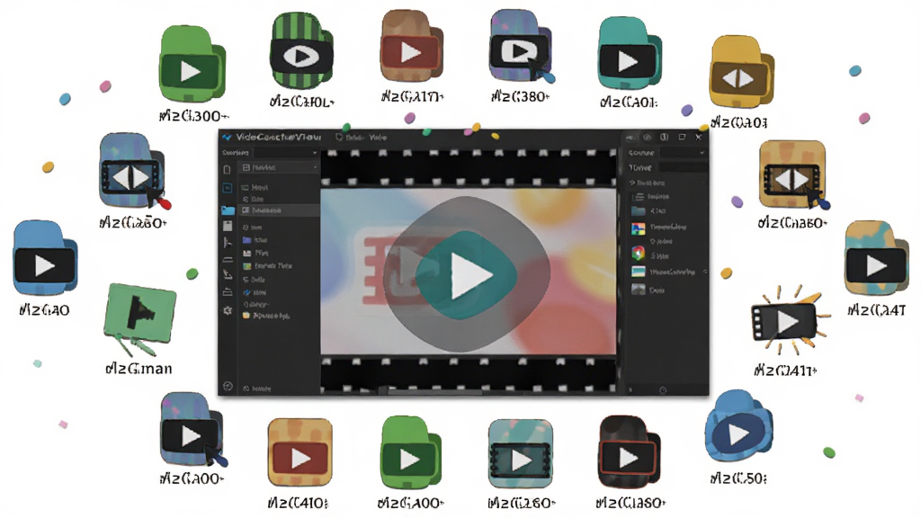 VideoCacheView 支持多种视频格式示意,主体为格式图标集合与软件界面,布局环绕式排列各类视频格式图标,排版活泼,风格明快,细节包含格式扩展名文字标注,画质清晰,干净,无多余元素