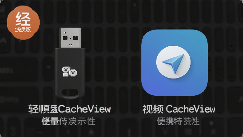 VideoCacheView 轻量便携特性展示,主体为 U 盘与软件图标组合,布局简洁居中,排版清爽,风格简约,细节展示免安装标识和便携特性文字,画质清晰,干净,无多余元素