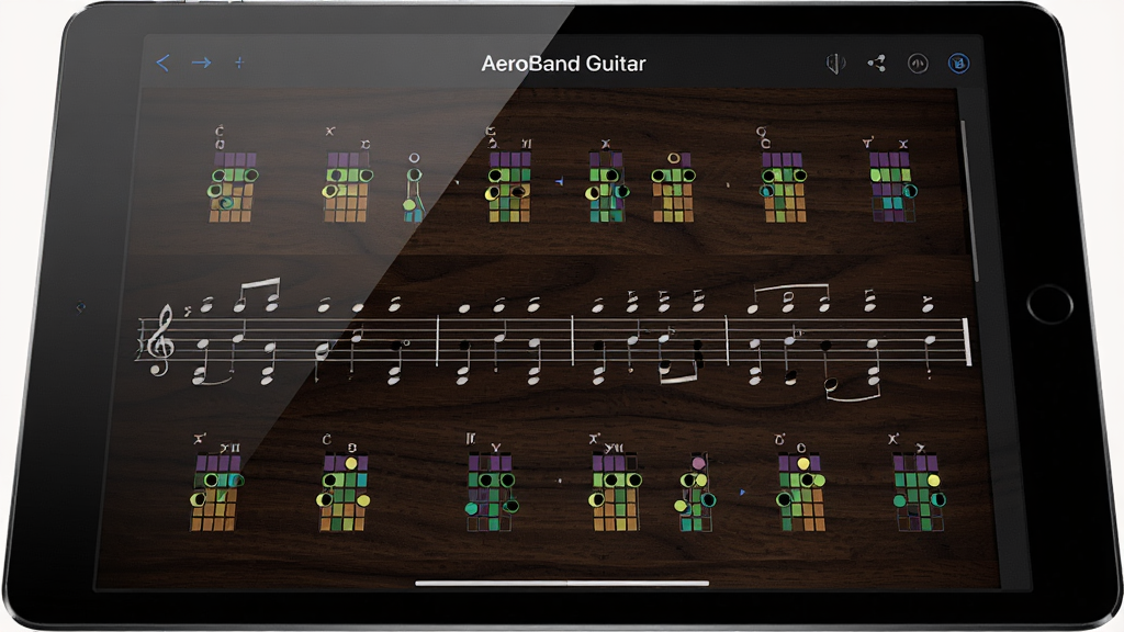 һ��չʾ AeroBand Guitar ���������׽����ͼƬ������Ϊƽ�������Ļ����ʾ�Ŷ�̬�����ļ������������ɫ����ͼ������Ϊ����ռ�ݻ������룬��������ɫľ�����������Ϊרҵ�����������棬ϸ������Ļ����΢���⣬����ͼ�������ɼ��������������ɾ����޶���Ԫ�ء�