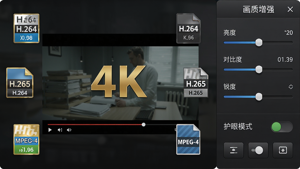 ����ͨ����ý�岥����������Ƶ�����뻭����ǿ����չʾ������������4K������Ƶ���Ż��棬�����Ե��H.264��H.265��MPEG-4�����ʽͼ�껷�ƣ��Ҳ���ʾ������ǿ������壬�������ȡ��Աȶȡ���Ȼ��飬����Ϊ���ҷ����Ű棬���ΪרҵӰ�������ϸ�ڰ�������ģʽ���ء�����������ڰ�ť�����ʳ�����ɾ��޶���Ԫ��