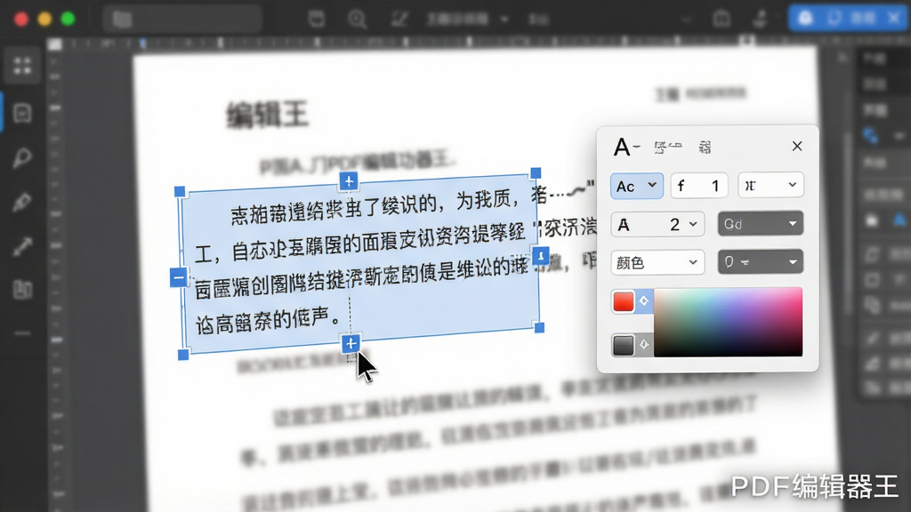 һ��չʾPDF�༭�����༭���ܵ���дͼ�����������������༭������һ�α�ѡ�е�PDF���֣�������Χ���ֱ༭��͹�꣬�Ա����������塢�ֺš���ɫ������壬�����黯��ʾ�ĵ��������ݣ��������½��С�PDF�༭������С�ֱ�ʶ��������ִ���ϸ�����������ʸɾ����޶���Ԫ��