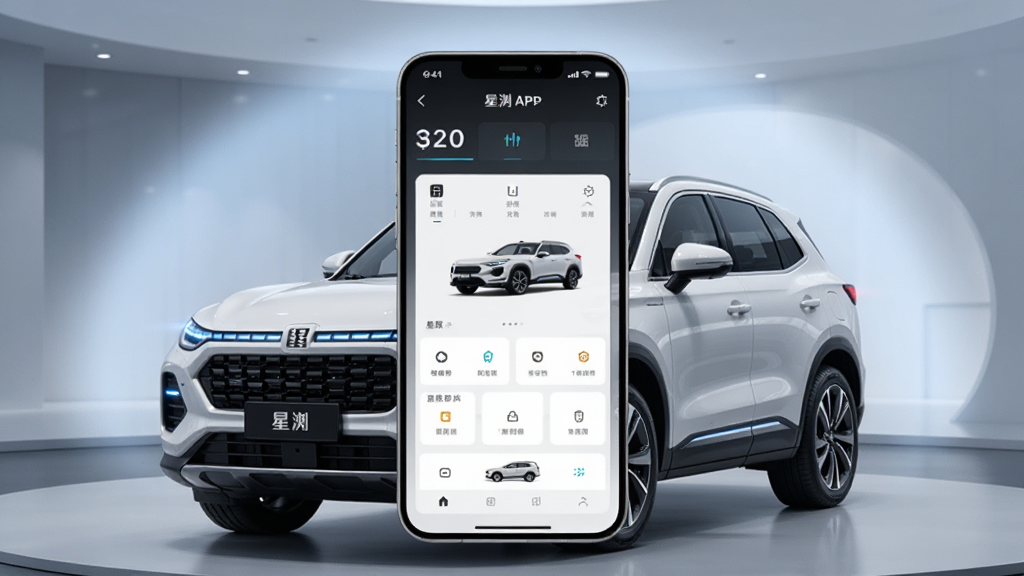 ������һ����ɫ��;SUVͣ���ִ�����չ�����룬���ֲ��þ��й�ͼ��ǰ������һ��޴�������ֻ���Ļ����Ļ����ʾ��;����APP�ĳ������ƽ��棬�Ű����ֻ���Ļ��ʵ���γ�ǰ���Ӧ�����Ϊ�Ƽ���������н�ϵ�3D��Ⱦ��ϸ�ڰ�������΢�⡢��ĻUIԪ�������������е���ɫ���Σ����ʸ��塢�ɾ����޶���Ԫ��