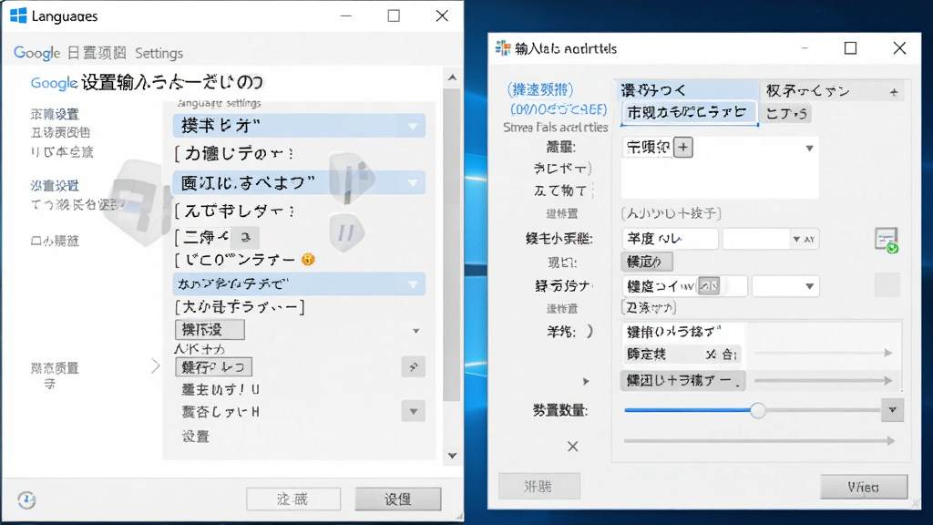 谷歌日语输入法电脑端设置界面操作示意图,主体为Windows语言设置面板和输入法属性窗口,布局为居中展示设置选项,排版层次分明,风格为系统原生UI风格,细节包含日文输入法图标、快捷键设置项和候选词数量调节滑块,画质高清,干净,无多余元素