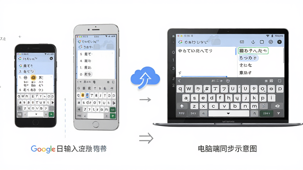 谷歌日语输入法移动端与电脑端同步示意图,主体为手机和笔记本电脑屏幕同时显示日文输入界面,布局为左右对比展示,排版清晰,风格为简约科技风,细节包含云端同步图标、日文假名键盘和候选词窗口,画质高清,干净,无多余元素