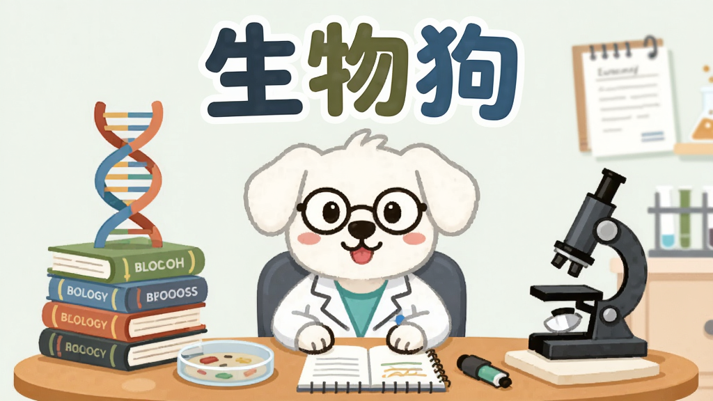 画面主体为一只卡通风格的白色小狗身穿实验服,坐在堆满生物学书籍和显微镜的办公桌前,布局采用居中构图,排版上软件名称“生物狗”以圆润字体出现在画面正上方,风格为扁平化矢量插画,细节包括DNA双螺旋模型、培养皿、笔记本等元素,画质清晰,干净,无多余元素