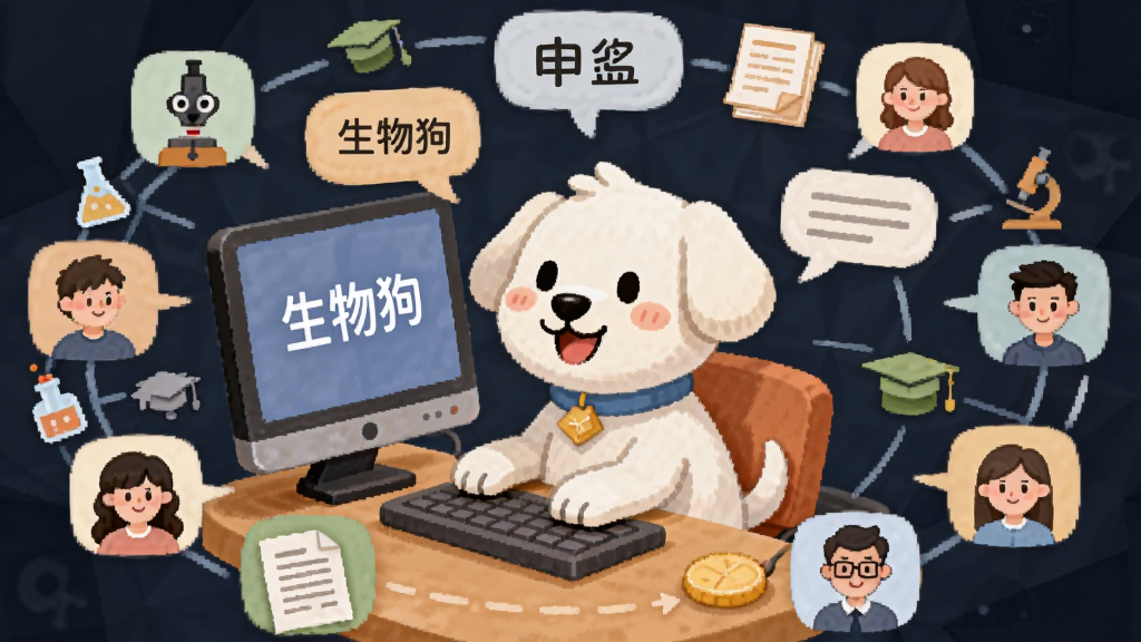 画面主体为一只卡通白色小狗坐在电脑前与多位虚拟用户头像互动,布局为圆形社区网络图,中心是软件名称“生物狗”,周围环绕着对话气泡和学术图标,风格为温暖友好的扁平插画,细节包括显微镜、实验瓶、论文纸张等元素,画质清晰,干净,无多余元素